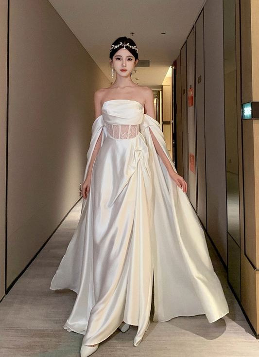 Graceful White Satin Strapless Lace Waist Panel Maxi Skirt Glamorous Evening Parties Flowing Drape Sleeves Long Dress AP1984