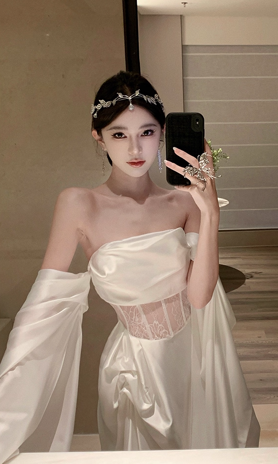 Graceful White Satin Strapless Lace Waist Panel Maxi Skirt Glamorous Evening Parties Flowing Drape Sleeves Long Dress AP1984