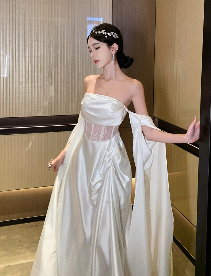 Graceful White Satin Strapless Lace Waist Panel Maxi Skirt Glamorous Evening Parties Flowing Drape Sleeves Long Dress AP1984