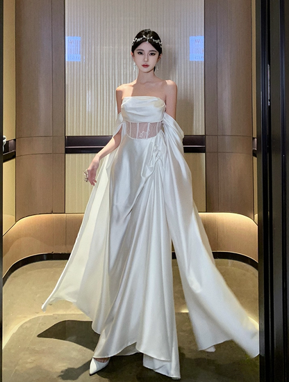 Graceful White Satin Strapless Lace Waist Panel Maxi Skirt Glamorous Evening Parties Flowing Drape Sleeves Long Dress AP1984