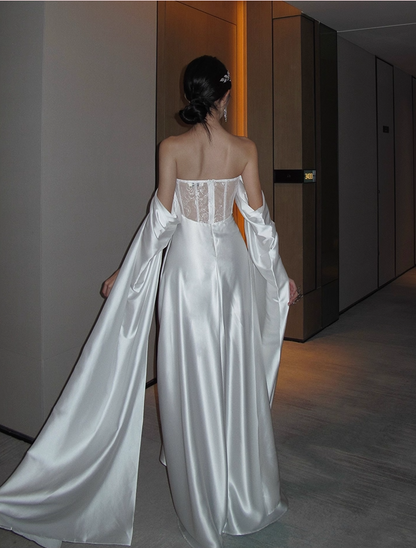 Graceful White Satin Strapless Lace Waist Panel Maxi Skirt Glamorous Evening Parties Flowing Drape Sleeves Long Dress AP1984