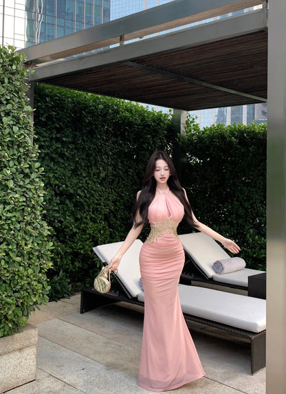 Charming Gold Lace Waist Detail Maxi Dress Sexy Luxury Parties Cutout Ruched Bodycon Halter Long Dress AP1985