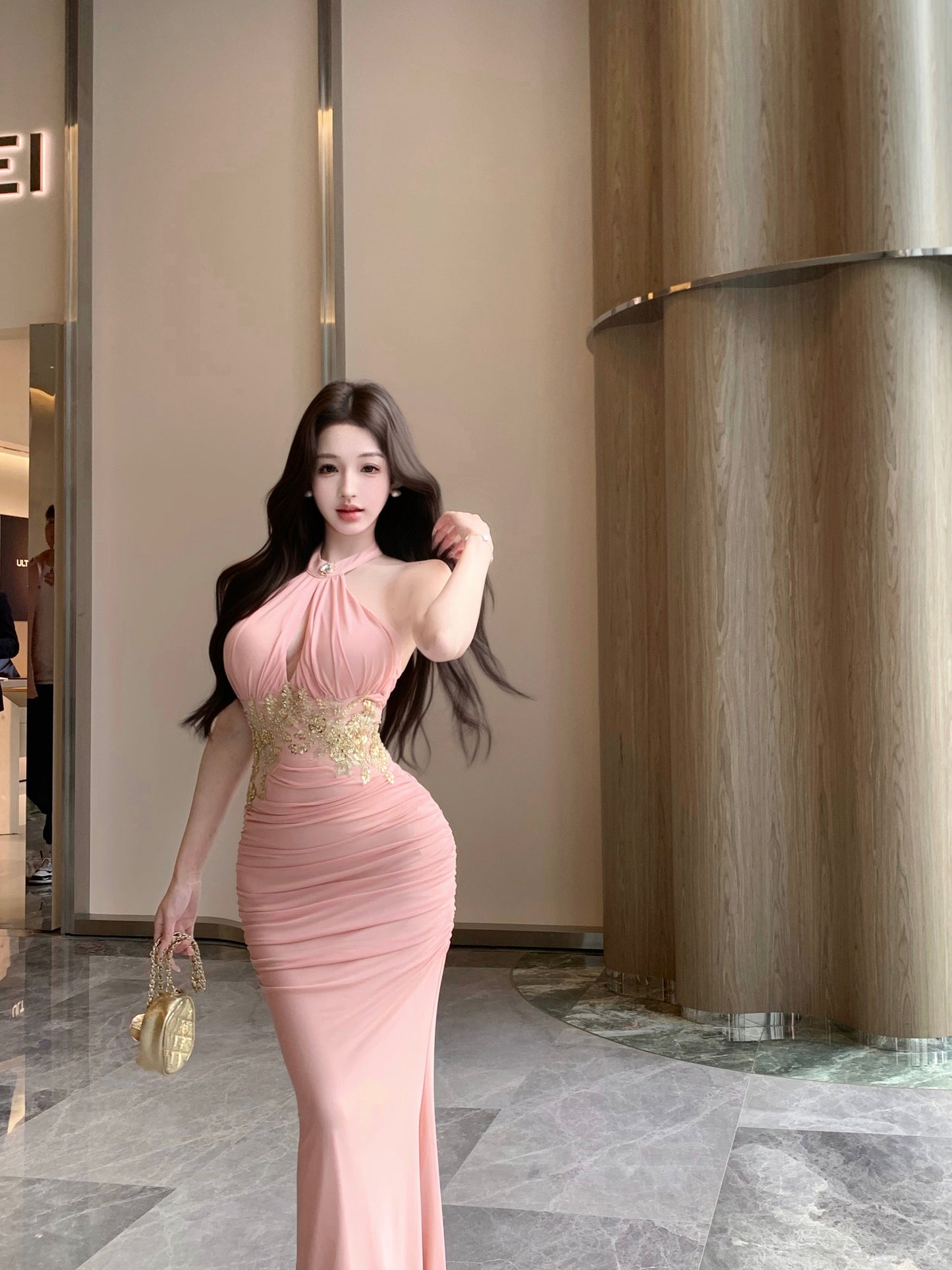 Charming Gold Lace Waist Detail Maxi Dress Sexy Luxury Parties Cutout Ruched Bodycon Halter Long Dress AP1985