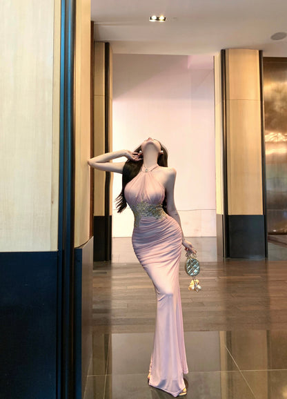 Charming Gold Lace Waist Detail Maxi Dress Sexy Luxury Parties Cutout Ruched Bodycon Halter Long Dress AP1985