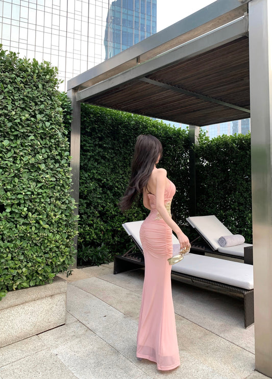 Charming Gold Lace Waist Detail Maxi Dress Sexy Luxury Parties Cutout Ruched Bodycon Halter Long Dress AP1985