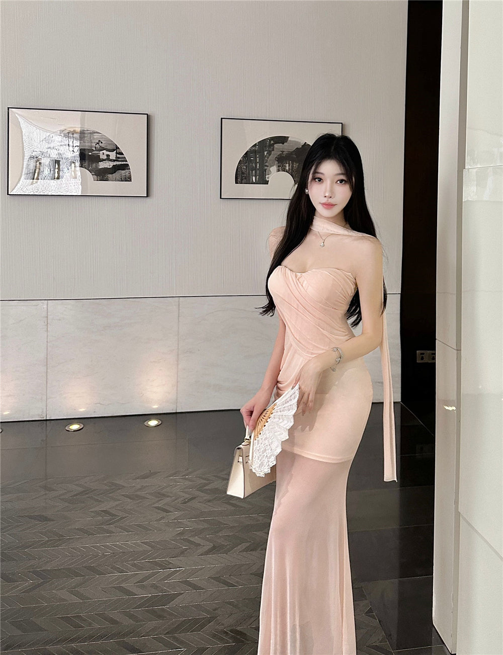 Gorgeous Sheer Tulle Overlay Strapless Maxi Skirt Vogue Pink Draped Bodycon Double Layers Evening Parties Long Dress AP1986