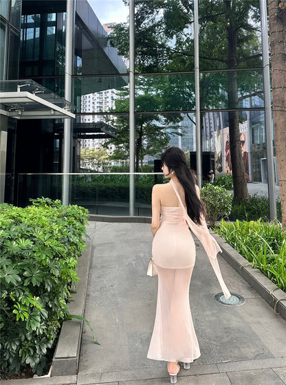 Gorgeous Sheer Tulle Overlay Strapless Maxi Skirt Vogue Pink Draped Bodycon Double Layers Evening Parties Long Dress AP1986