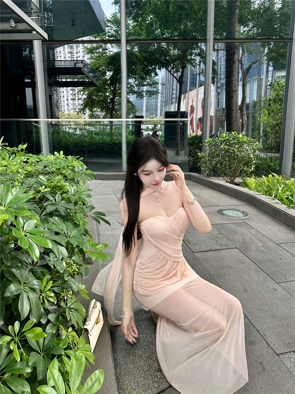 Gorgeous Sheer Tulle Overlay Strapless Maxi Skirt Vogue Pink Draped Bodycon Double Layers Evening Parties Long Dress AP1986