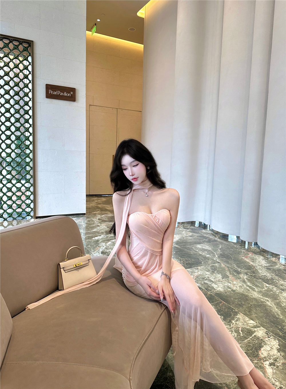 Gorgeous Sheer Tulle Overlay Strapless Maxi Skirt Vogue Pink Draped Bodycon Double Layers Evening Parties Long Dress AP1986