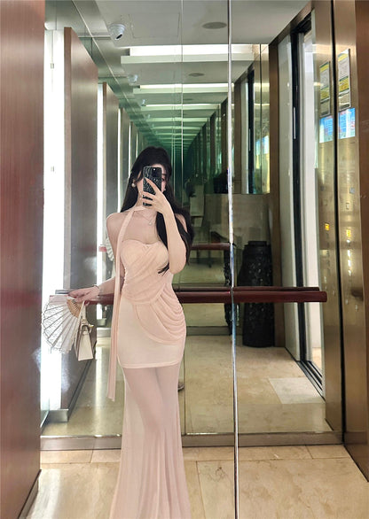 Gorgeous Sheer Tulle Overlay Strapless Maxi Skirt Vogue Pink Draped Bodycon Double Layers Evening Parties Long Dress AP1986