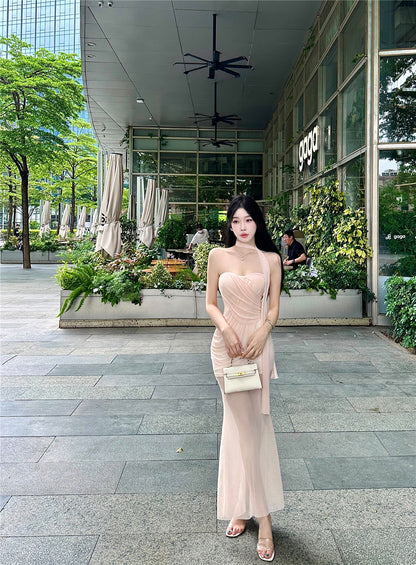 Gorgeous Sheer Tulle Overlay Strapless Maxi Skirt Vogue Pink Draped Bodycon Double Layers Evening Parties Long Dress AP1986