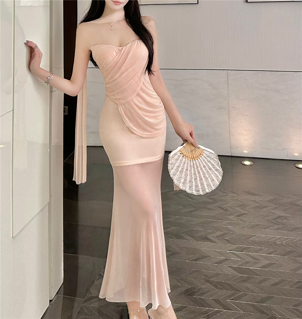 Gorgeous Sheer Tulle Overlay Strapless Maxi Skirt Vogue Pink Draped Bodycon Double Layers Evening Parties Long Dress AP1986