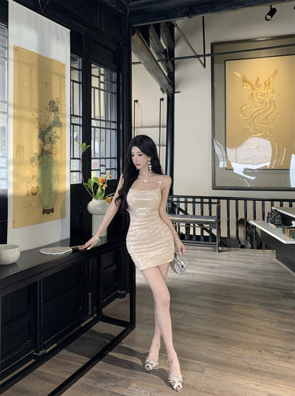 Glittery Beige Sequin Thin Decorative Straps Mini Dress Charming Night Parties Bow Details Sheath Short Dress AP1987