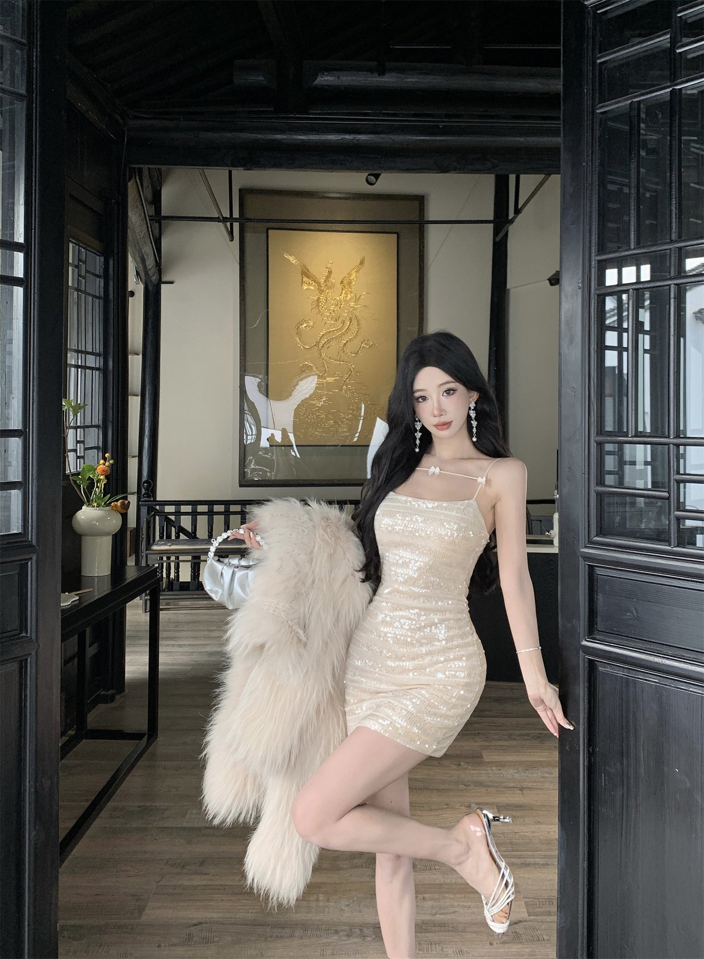 Glittery Beige Sequin Thin Decorative Straps Mini Dress Charming Night Parties Bow Details Sheath Short Dress AP1987