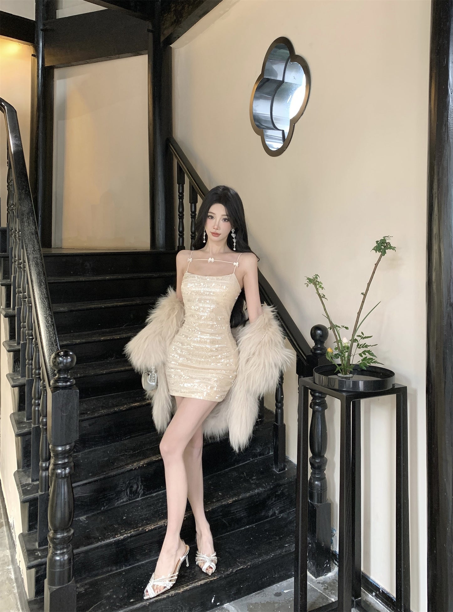 Glittery Beige Sequin Thin Decorative Straps Mini Dress Charming Night Parties Bow Details Sheath Short Dress AP1987