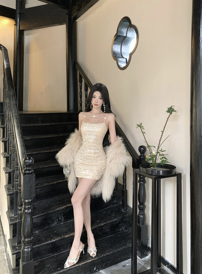 Glittery Beige Sequin Thin Decorative Straps Mini Dress Charming Night Parties Bow Details Sheath Short Dress AP1987