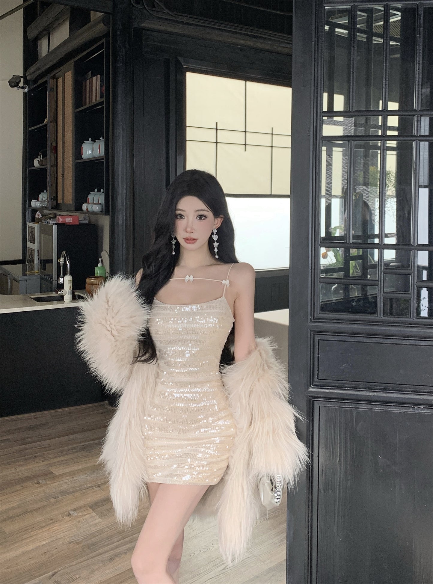 Glittery Beige Sequin Thin Decorative Straps Mini Dress Charming Night Parties Bow Details Sheath Short Dress AP1987