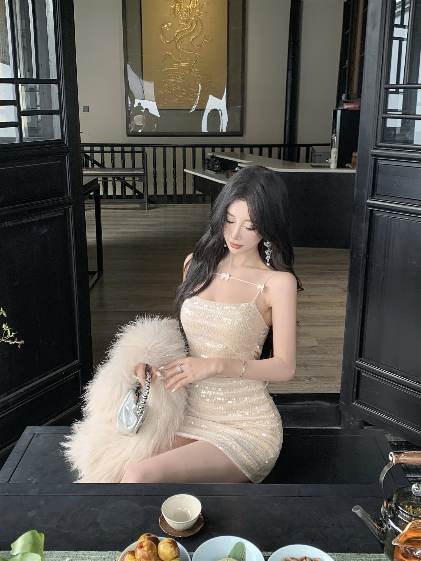 Glittery Beige Sequin Thin Decorative Straps Mini Dress Charming Night Parties Bow Details Sheath Short Dress AP1987