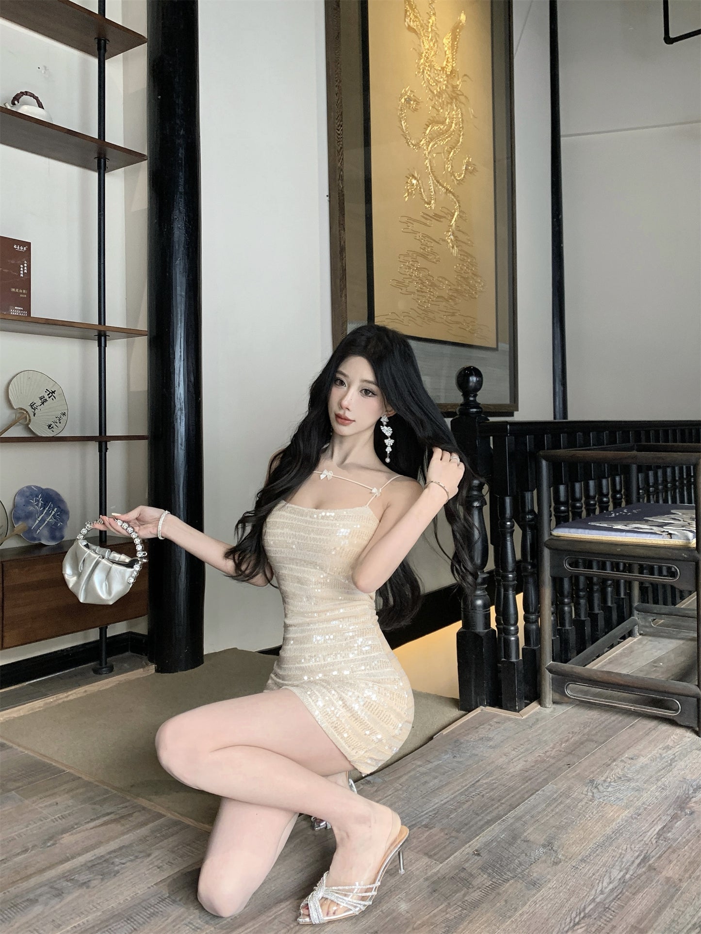 Glittery Beige Sequin Thin Decorative Straps Mini Dress Charming Night Parties Bow Details Sheath Short Dress AP1987