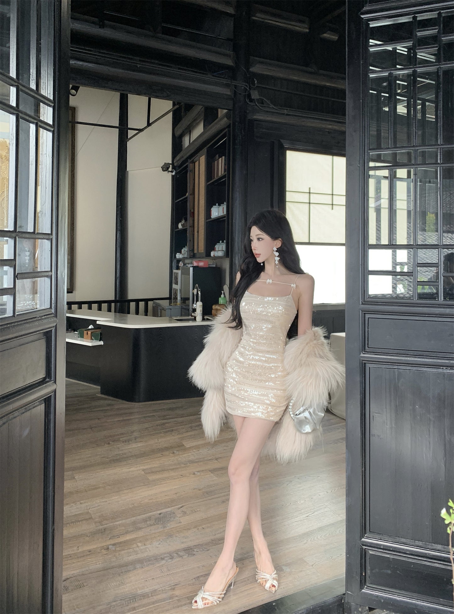 Glittery Beige Sequin Thin Decorative Straps Mini Dress Charming Night Parties Bow Details Sheath Short Dress AP1987