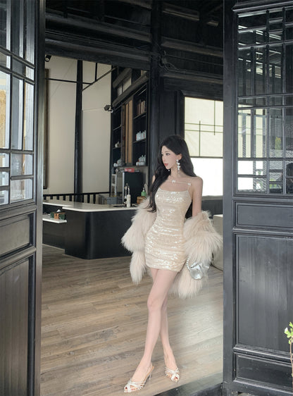 Glittery Beige Sequin Thin Decorative Straps Mini Dress Charming Night Parties Bow Details Sheath Short Dress AP1987