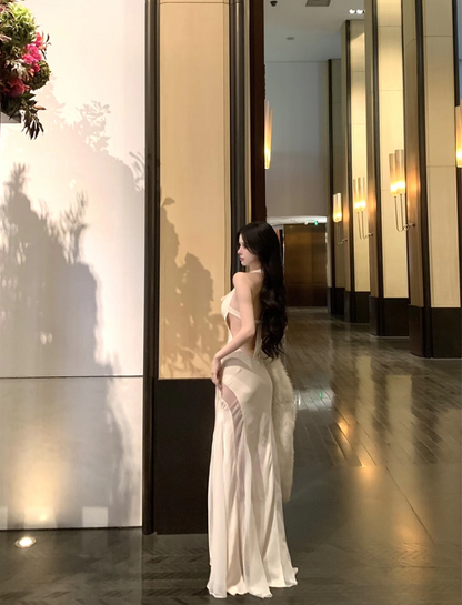 Elegant High Sheer Slit Tulle Splicing Maxi Dress Novelty Open Back Flowing Silhouette Night Parties Halter Long Dress AP1988