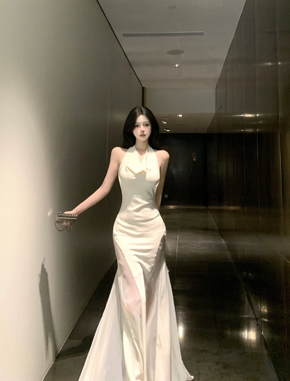 Elegant High Sheer Slit Tulle Splicing Maxi Dress Novelty Open Back Flowing Silhouette Night Parties Halter Long Dress AP1988