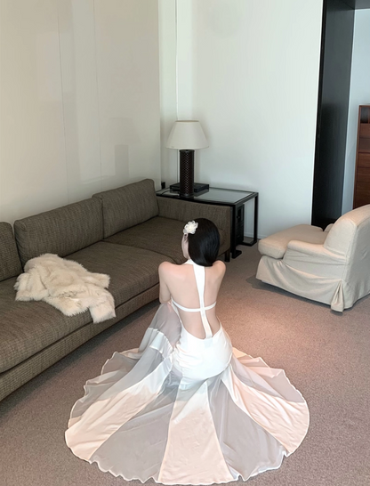 Elegant High Sheer Slit Tulle Splicing Maxi Dress Novelty Open Back Flowing Silhouette Night Parties Halter Long Dress AP1988