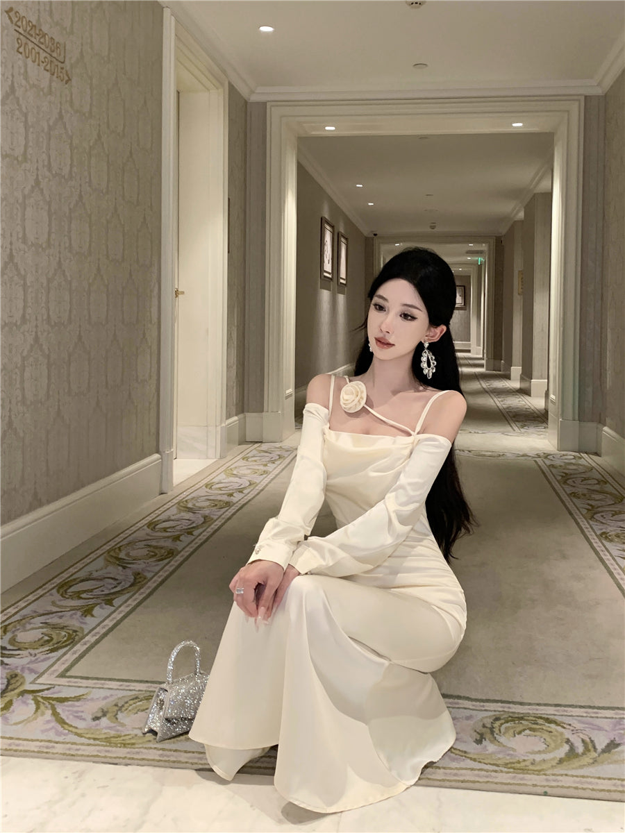 Fashionable Satin Fabric Off-Shoulder Maxi Skirt Vogue White Long Sleeve Ruched Waist Mermaid Long Dress AP1989