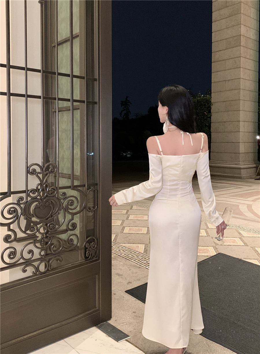 Fashionable Satin Fabric Off-Shoulder Maxi Skirt Vogue White Long Sleeve Ruched Waist Mermaid Long Dress AP1989