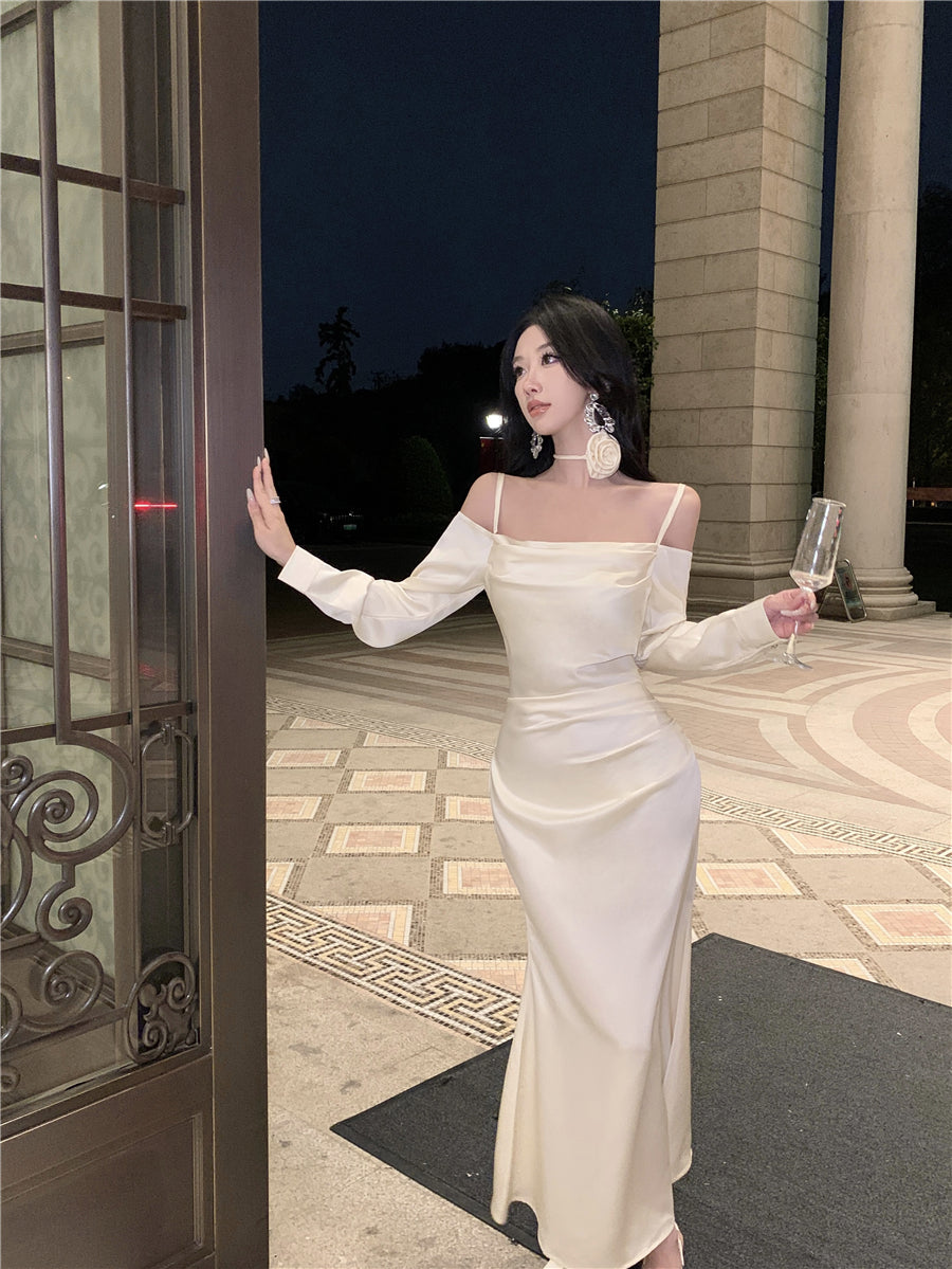 Fashionable Satin Fabric Off-Shoulder Maxi Skirt Vogue White Long Sleeve Ruched Waist Mermaid Long Dress AP1989