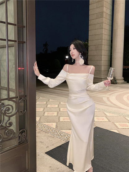 Fashionable Satin Fabric Off-Shoulder Maxi Skirt Vogue White Long Sleeve Ruched Waist Mermaid Long Dress AP1989