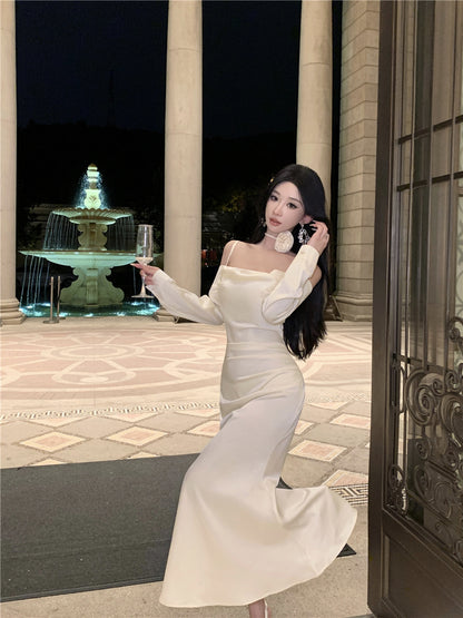Fashionable Satin Fabric Off-Shoulder Maxi Skirt Vogue White Long Sleeve Ruched Waist Mermaid Long Dress AP1989