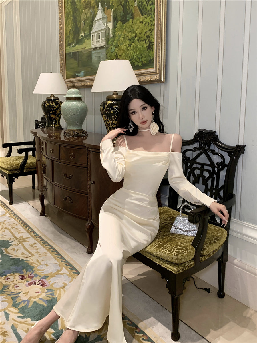 Fashionable Satin Fabric Off-Shoulder Maxi Skirt Vogue White Long Sleeve Ruched Waist Mermaid Long Dress AP1989