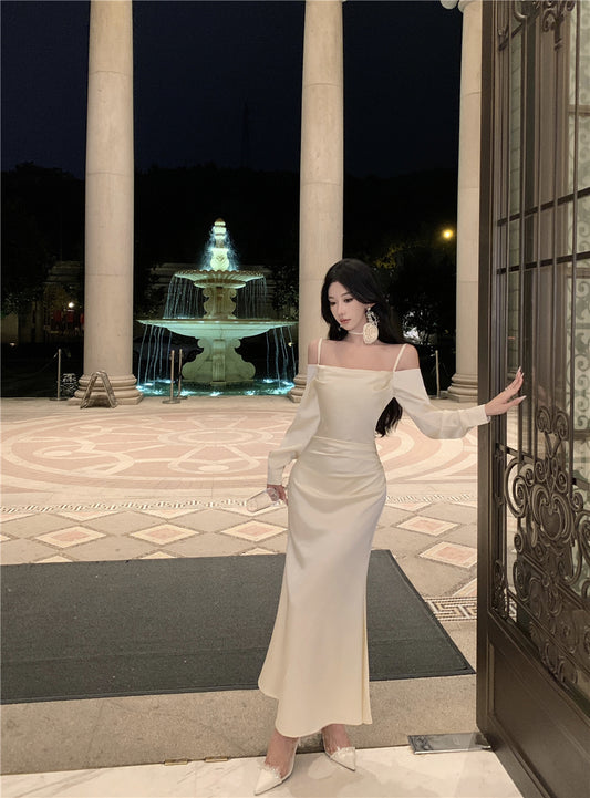 Fashionable Satin Fabric Off-Shoulder Maxi Skirt Vogue White Long Sleeve Ruched Waist Mermaid Long Dress AP1989