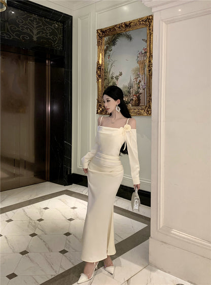 Fashionable Satin Fabric Off-Shoulder Maxi Skirt Vogue White Long Sleeve Ruched Waist Mermaid Long Dress AP1989