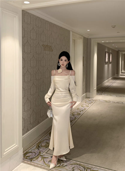 Fashionable Satin Fabric Off-Shoulder Maxi Skirt Vogue White Long Sleeve Ruched Waist Mermaid Long Dress AP1989