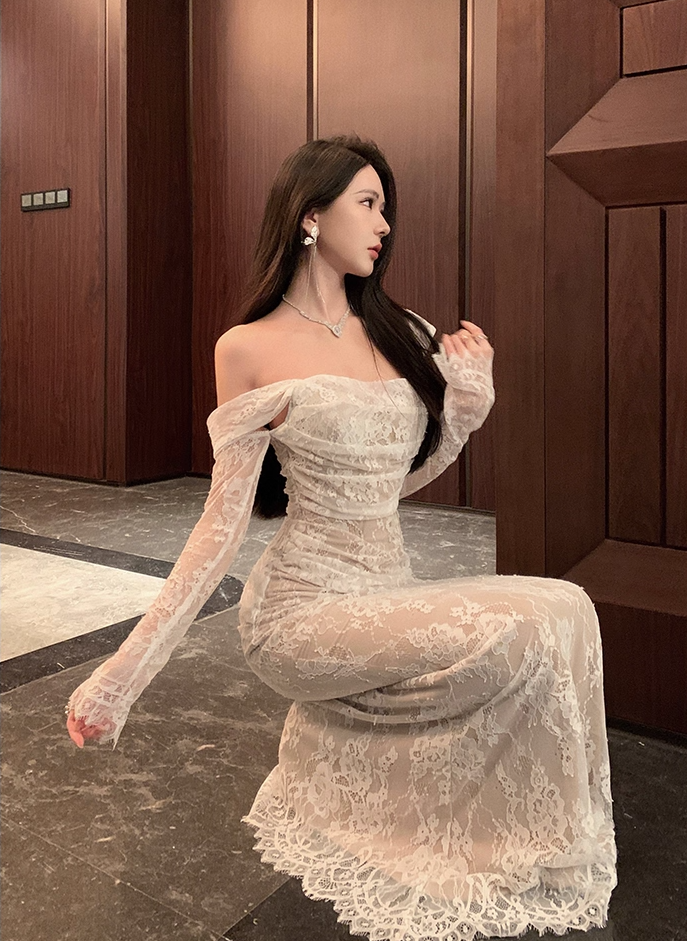 Vogue White Lace Off-Shoulder Mermaid Maxi Skirt Charming Long Sheer Sleeves Ruched Design Long Dress AP1990