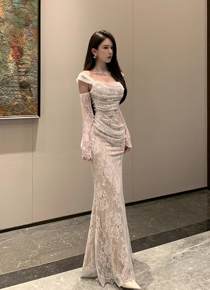 Vogue White Lace Off-Shoulder Mermaid Maxi Skirt Charming Long Sheer Sleeves Ruched Design Long Dress AP1990