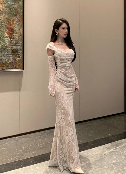 Vogue White Lace Off-Shoulder Mermaid Maxi Skirt Charming Long Sheer Sleeves Ruched Design Long Dress AP1990