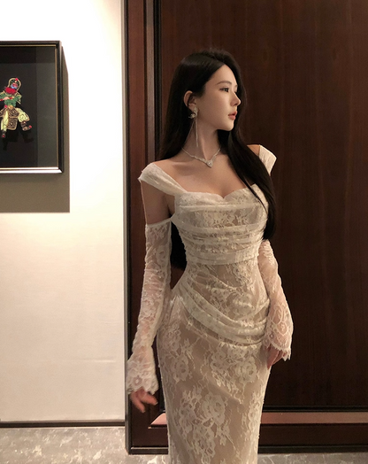 Vogue White Lace Off-Shoulder Mermaid Maxi Skirt Charming Long Sheer Sleeves Ruched Design Long Dress AP1990