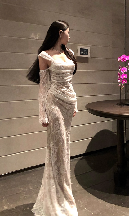 Vogue White Lace Off-Shoulder Mermaid Maxi Skirt Charming Long Sheer Sleeves Ruched Design Long Dress AP1990