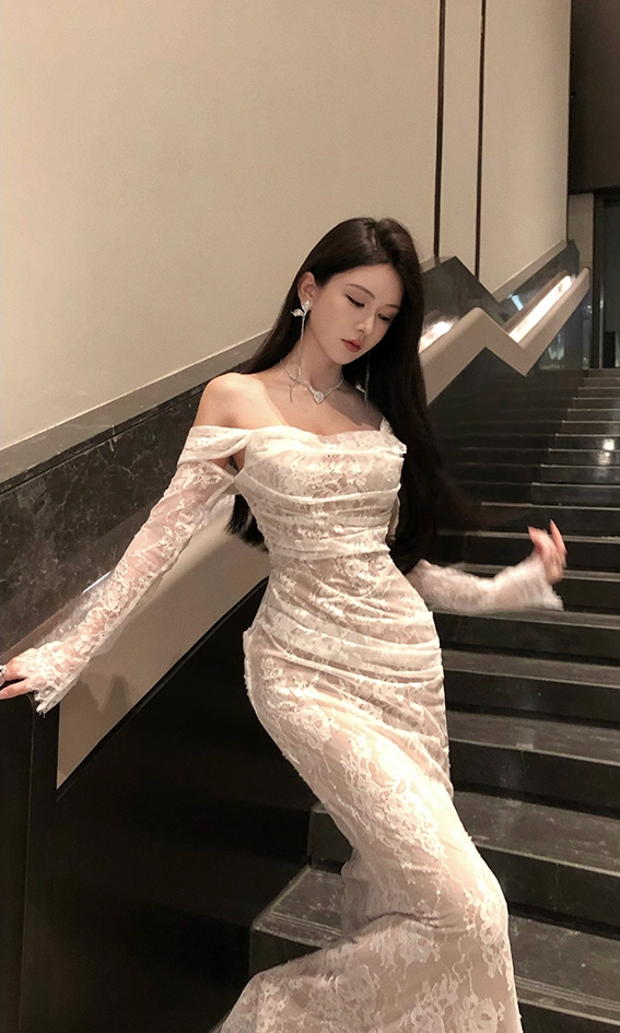 Vogue White Lace Off-Shoulder Mermaid Maxi Skirt Charming Long Sheer Sleeves Ruched Design Long Dress AP1990