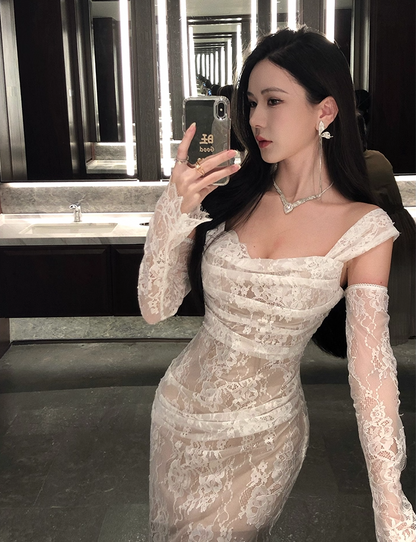 Vogue White Lace Off-Shoulder Mermaid Maxi Skirt Charming Long Sheer Sleeves Ruched Design Long Dress AP1990