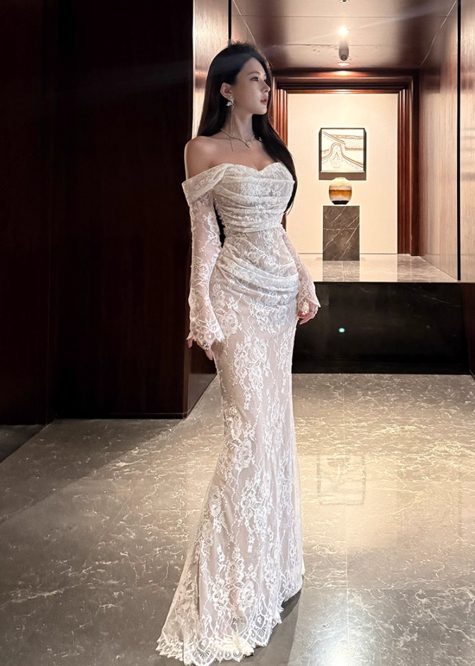 Vogue White Lace Off-Shoulder Mermaid Maxi Skirt Charming Long Sheer Sleeves Ruched Design Long Dress AP1990