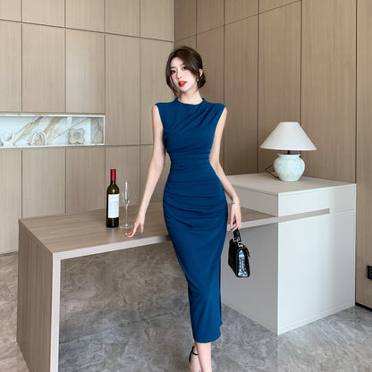 Stylish Navy Blue Sleeveless Round Neck Midi Dress Luxurious Ruched Waist Side Slit Office-Ready Long Dress AP1991