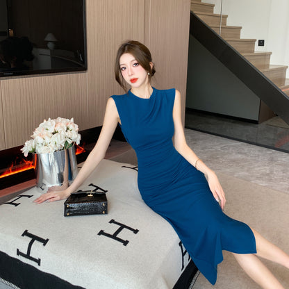 Stylish Navy Blue Sleeveless Round Neck Midi Dress Luxurious Ruched Waist Side Slit Office-Ready Long Dress AP1991