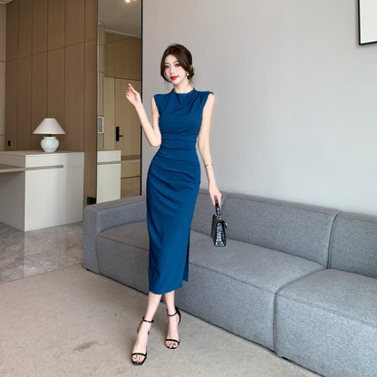 Stylish Navy Blue Sleeveless Round Neck Midi Dress Luxurious Ruched Waist Side Slit Office-Ready Long Dress AP1991