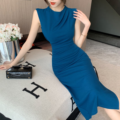 Stylish Navy Blue Sleeveless Round Neck Midi Dress Luxurious Ruched Waist Side Slit Office-Ready Long Dress AP1991
