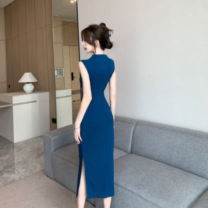 Stylish Navy Blue Sleeveless Round Neck Midi Dress Luxurious Ruched Waist Side Slit Office-Ready Long Dress AP1991